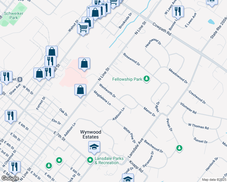 map of restaurants, bars, coffee shops, grocery stores, and more near 118 Wentworth Drive in Lansdale