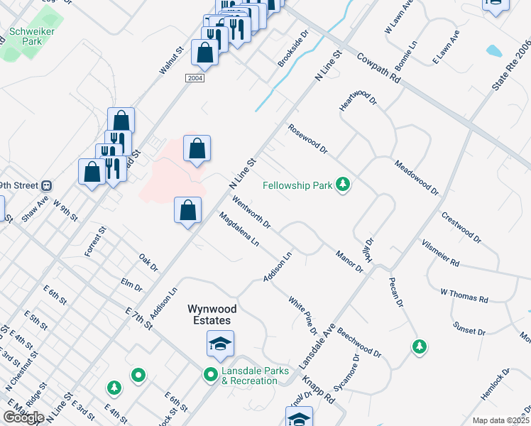 map of restaurants, bars, coffee shops, grocery stores, and more near 118 Wentworth Drive in Lansdale