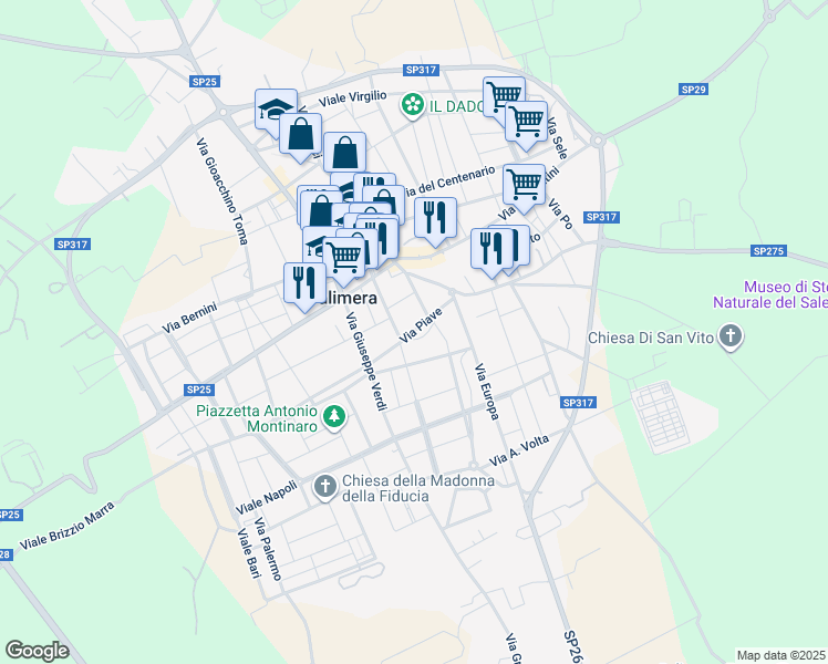 map of restaurants, bars, coffee shops, grocery stores, and more near 27 Via G. Mazzini in Calimera