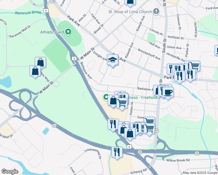map of restaurants, bars, coffee shops, grocery stores, and more near 62 Barkalow Avenue in Freehold