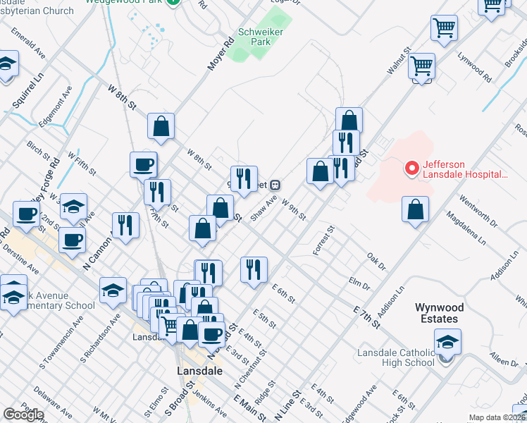map of restaurants, bars, coffee shops, grocery stores, and more near 737 Shaw Avenue in Lansdale