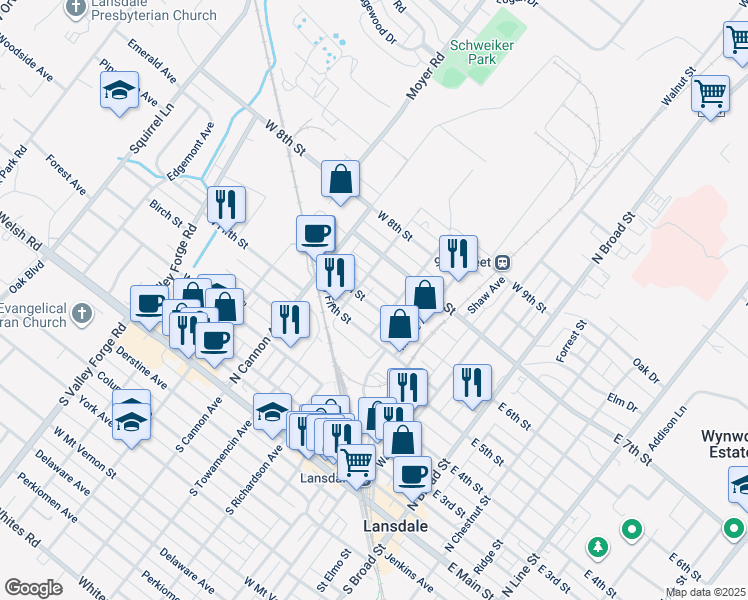 map of restaurants, bars, coffee shops, grocery stores, and more near 359 Acorn Street in Lansdale