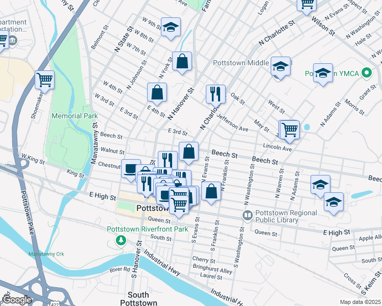 map of restaurants, bars, coffee shops, grocery stores, and more near 213 North Charlotte Street in Pottstown
