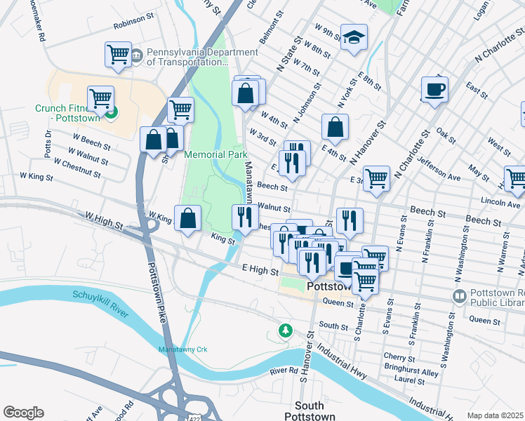 map of restaurants, bars, coffee shops, grocery stores, and more near 11 Walnut Street in Pottstown