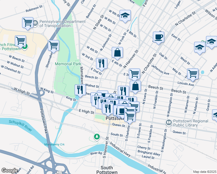 map of restaurants, bars, coffee shops, grocery stores, and more near 131 Walnut Street in Pottstown