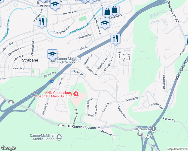 map of restaurants, bars, coffee shops, grocery stores, and more near 627 Marple Avenue in Canonsburg