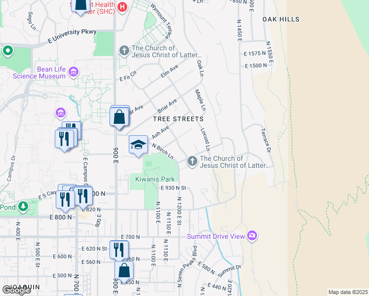 map of restaurants, bars, coffee shops, grocery stores, and more near 1156 Cherry Lane in Provo