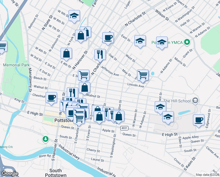 map of restaurants, bars, coffee shops, grocery stores, and more near in Pottstown