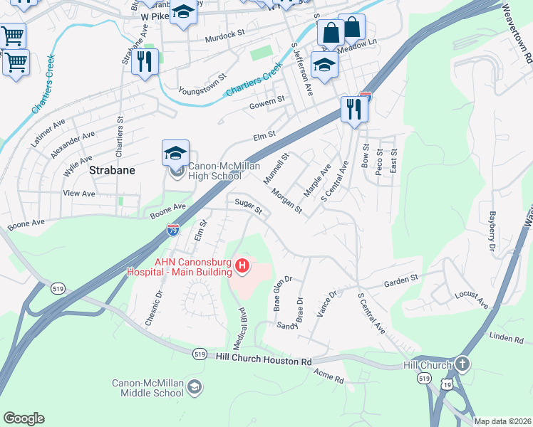 map of restaurants, bars, coffee shops, grocery stores, and more near 101 Morgan Street in Canonsburg