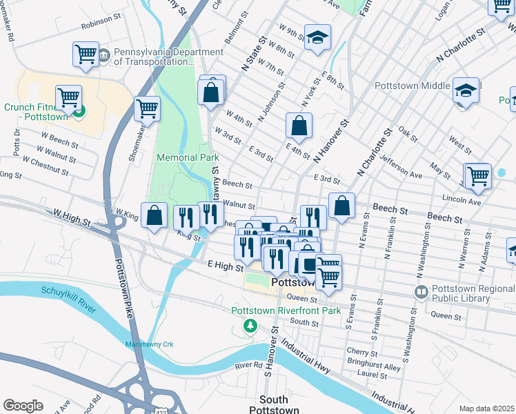 map of restaurants, bars, coffee shops, grocery stores, and more near 103 Walnut Street in Pottstown