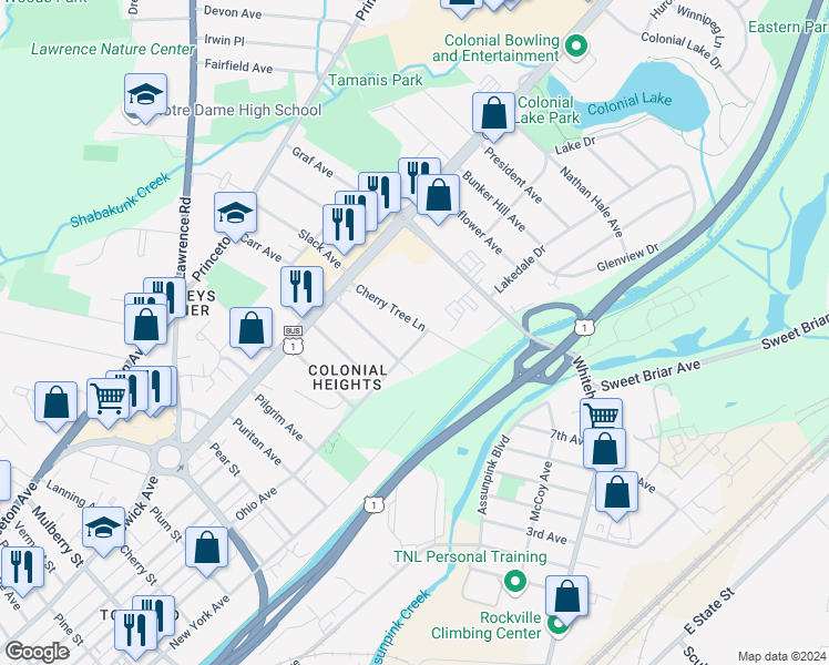 map of restaurants, bars, coffee shops, grocery stores, and more near 711 Cherry Tree Lane in Lawrence Township