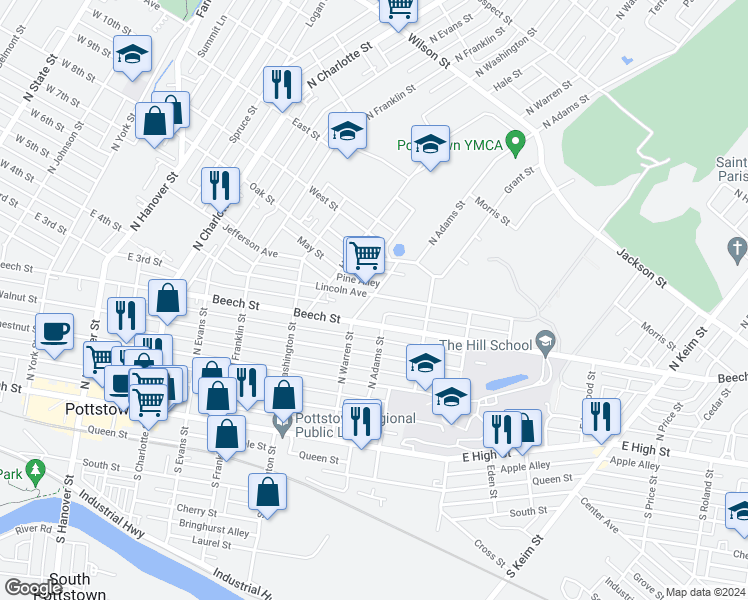 map of restaurants, bars, coffee shops, grocery stores, and more near 228 North Warren Street in Pottstown