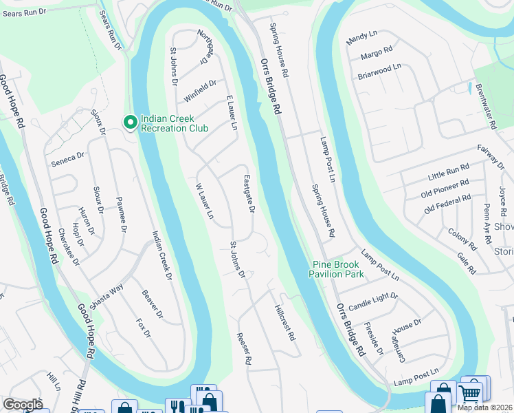 map of restaurants, bars, coffee shops, grocery stores, and more near 17 Eastgate Drive in Camp Hill