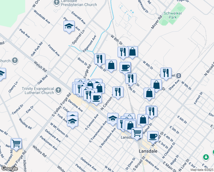 map of restaurants, bars, coffee shops, grocery stores, and more near 375 North Mitchell Avenue in Lansdale