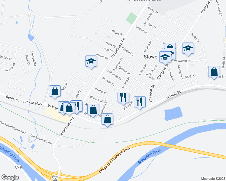 map of restaurants, bars, coffee shops, grocery stores, and more near 20 East Howard Street in Stowe