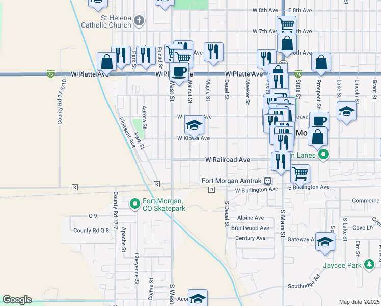 map of restaurants, bars, coffee shops, grocery stores, and more near 230 Walnut Street in Fort Morgan