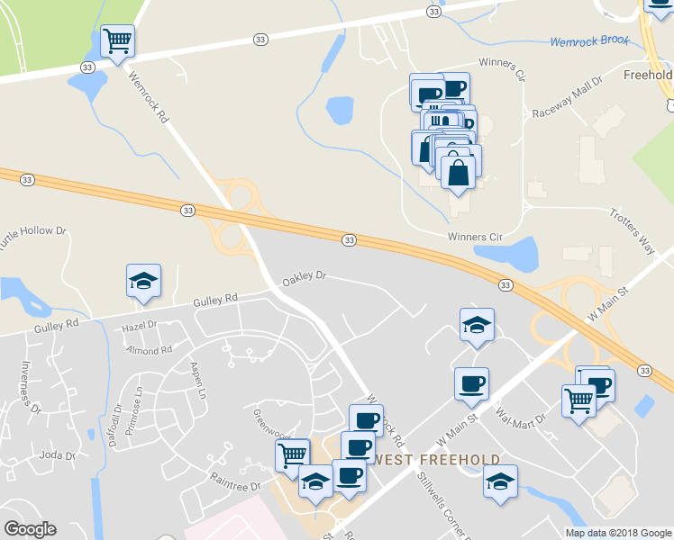 map of restaurants, bars, coffee shops, grocery stores, and more near 870 Oakley Drive in Freehold