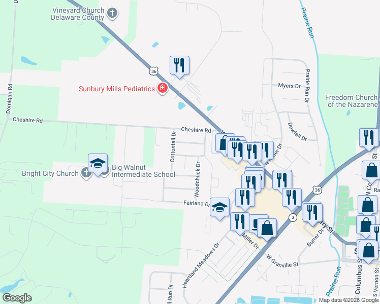 map of restaurants, bars, coffee shops, grocery stores, and more near 525 Chipmunk Lane in Sunbury