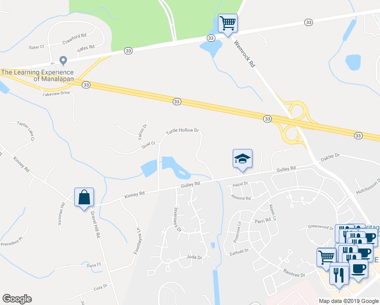 map of restaurants, bars, coffee shops, grocery stores, and more near 530 Turtle Hollow Drive in Freehold