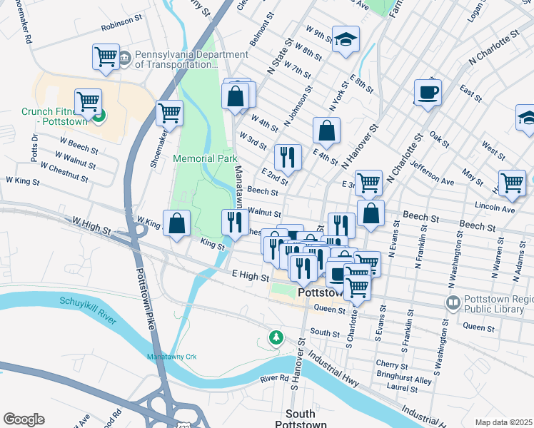 map of restaurants, bars, coffee shops, grocery stores, and more near 44 Walnut Street in Pottstown