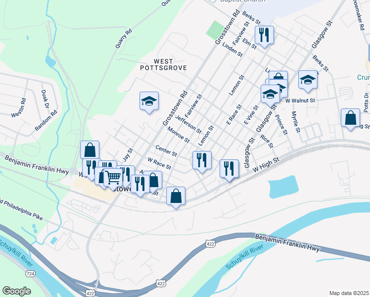 map of restaurants, bars, coffee shops, grocery stores, and more near 20 East Howard Street in Stowe
