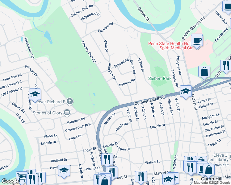 map of restaurants, bars, coffee shops, grocery stores, and more near 451 Country Club Road in Camp Hill