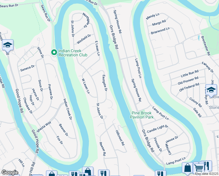 map of restaurants, bars, coffee shops, grocery stores, and more near 17 Eastgate Drive in Camp Hill