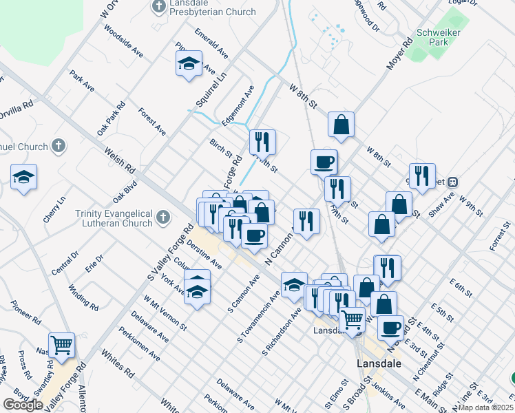 map of restaurants, bars, coffee shops, grocery stores, and more near 819 West 3rd Street in Lansdale
