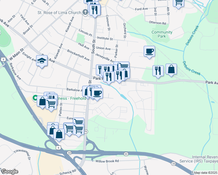 map of restaurants, bars, coffee shops, grocery stores, and more near 588 Park Avenue in Freehold