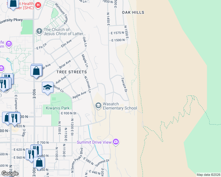 map of restaurants, bars, coffee shops, grocery stores, and more near 1100-1198 North 1450 East in Provo