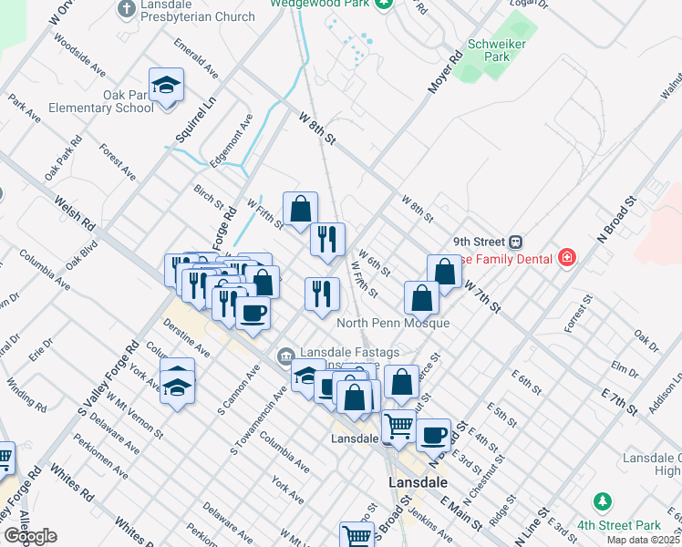 map of restaurants, bars, coffee shops, grocery stores, and more near 500 West Fifth Street in Lansdale