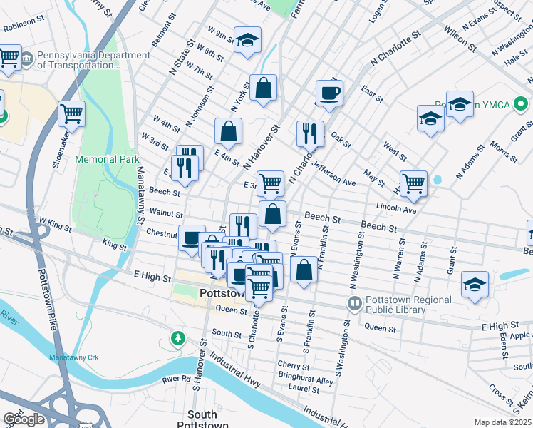 map of restaurants, bars, coffee shops, grocery stores, and more near 266 Beech Street in Pottstown