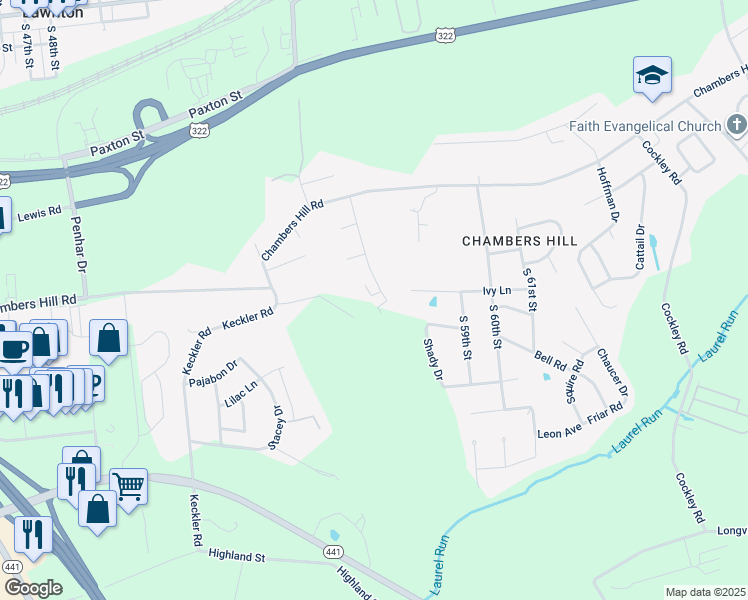 map of restaurants, bars, coffee shops, grocery stores, and more near 830 Garden Drive in Harrisburg