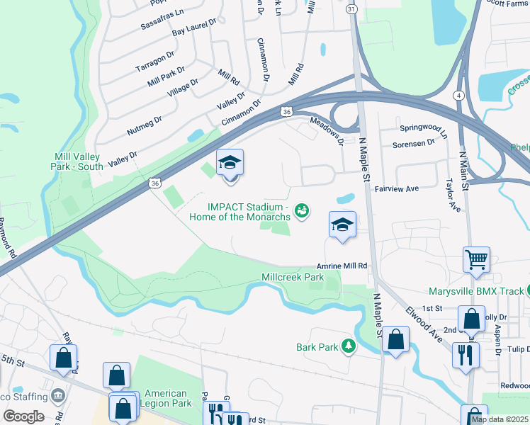 map of restaurants, bars, coffee shops, grocery stores, and more near 800 Amrine Mill Road in Marysville