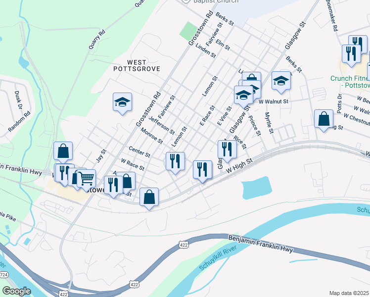 map of restaurants, bars, coffee shops, grocery stores, and more near 117 East Race Street in Pottstown