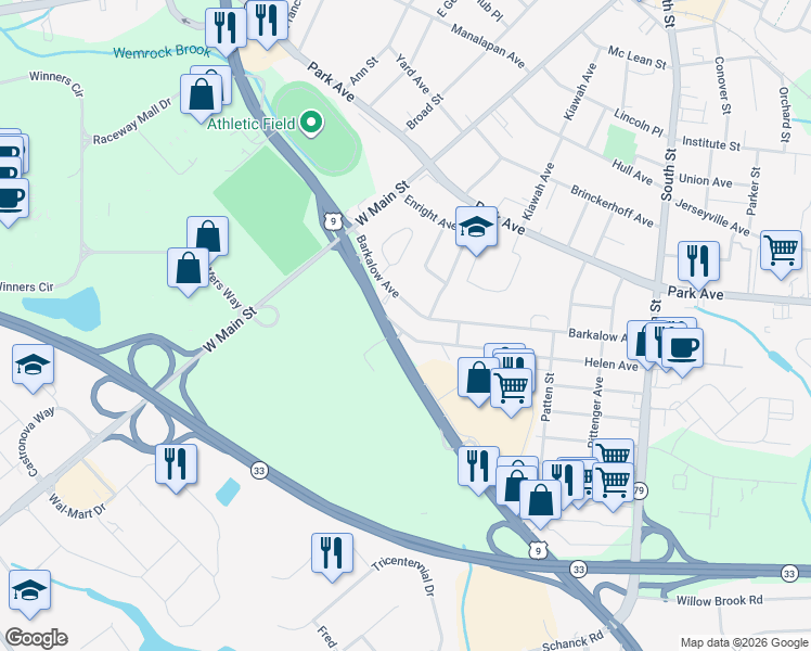 map of restaurants, bars, coffee shops, grocery stores, and more near 93 Barkalow Avenue in Freehold