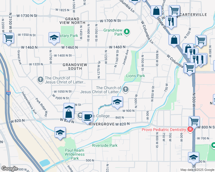 map of restaurants, bars, coffee shops, grocery stores, and more near 1104 North 1220 West in Provo