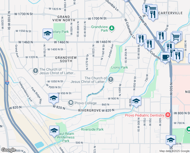 map of restaurants, bars, coffee shops, grocery stores, and more near 1104 North 1220 West in Provo
