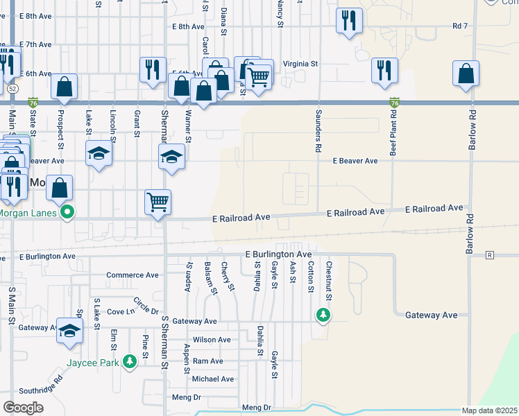 map of restaurants, bars, coffee shops, grocery stores, and more near 909 East Railroad Avenue in Fort Morgan