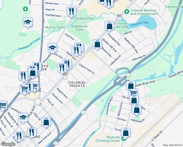 map of restaurants, bars, coffee shops, grocery stores, and more near 711 Cherry Tree Lane in Lawrence Township