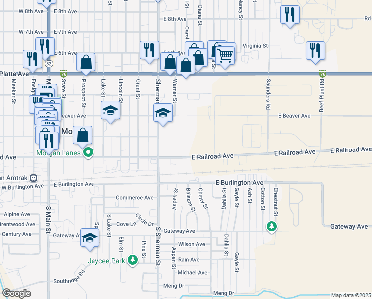 map of restaurants, bars, coffee shops, grocery stores, and more near 729 East Railroad Avenue in Fort Morgan