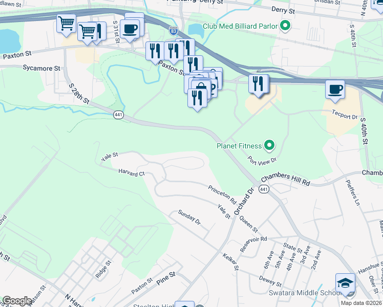 map of restaurants, bars, coffee shops, grocery stores, and more near 600 Yale Street in Harrisburg