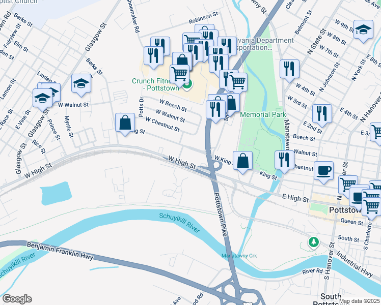 map of restaurants, bars, coffee shops, grocery stores, and more near 250 West King Street in Pottstown
