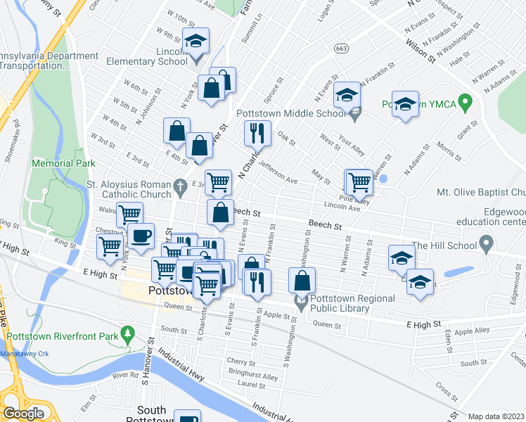 map of restaurants, bars, coffee shops, grocery stores, and more near 365 Beech Street in Pottstown