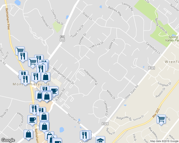 map of restaurants, bars, coffee shops, grocery stores, and more near 1301 Morris Court in North Wales