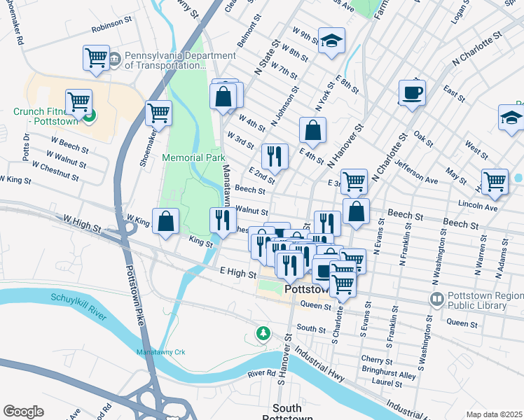 map of restaurants, bars, coffee shops, grocery stores, and more near 59 Walnut Street in Pottstown