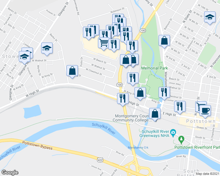 map of restaurants, bars, coffee shops, grocery stores, and more near 250 West King Street in Pottstown