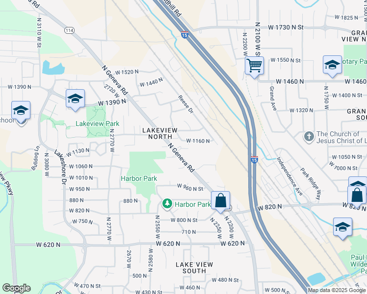 map of restaurants, bars, coffee shops, grocery stores, and more near 1156 North 2050 W Geneva Road in Provo