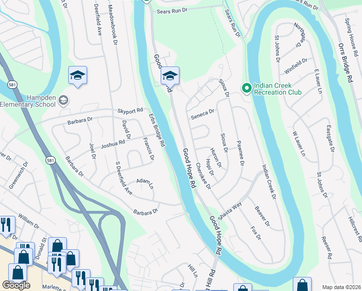 map of restaurants, bars, coffee shops, grocery stores, and more near 521 Good Hope Road in Cumberland County