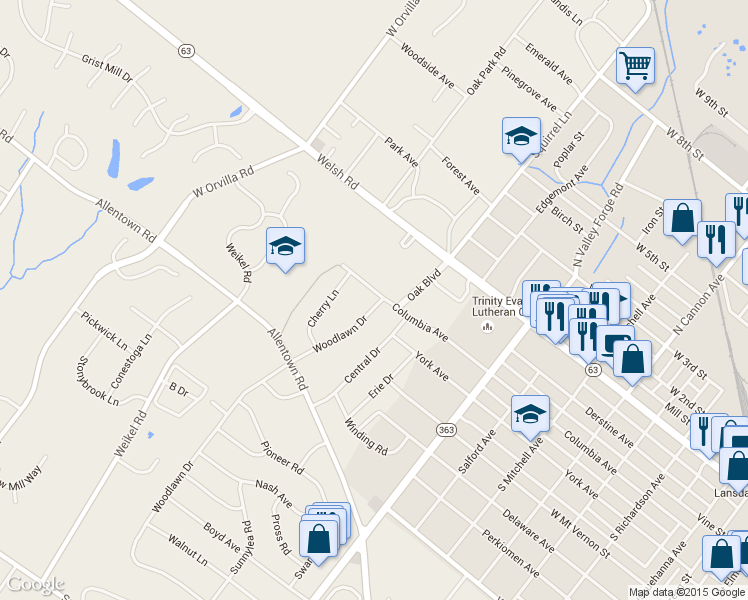 map of restaurants, bars, coffee shops, grocery stores, and more near 201 Woodlawn Drive in Lansdale
